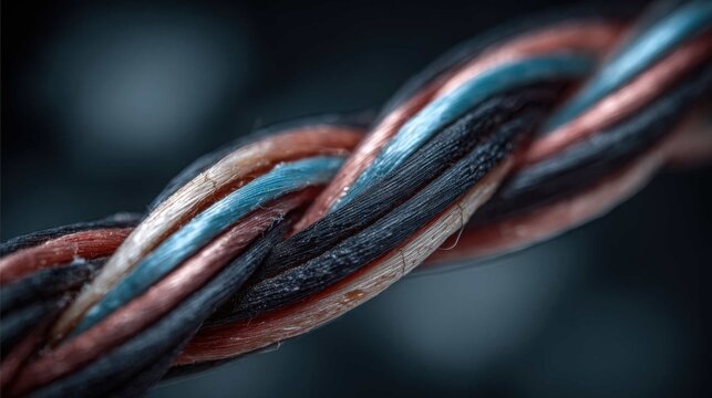 Close-up macro view of a twisted pair electrical cable with vibrant colored insulation wires