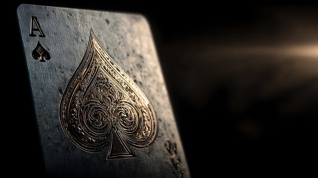Close up of antique ornate ace of spades playing card with metallic texture and bokeh background