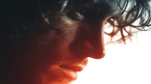 Close up of a person s profile with dramatic lighting highlighting skin texture and dark curly hai