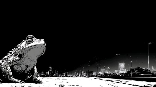 Large frog figure on street in front of abstract cityscape at night. graphic comic art style