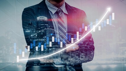 A businessman stands confidently in front of a cityscape with financial graphs displayed, representing stock market trends and investment potential in a dynamic economy. Copula © InfiniteFlow