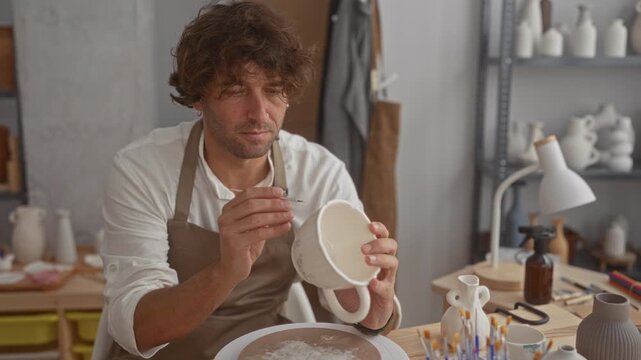 Man wearing apron paints ceramic mug rim with fine brush in studio, holding cup steady with left hand; concentration craftsmanship.