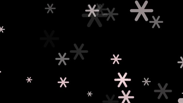 Minimalist gray and pink asterisk shapes floating against a dark background. Abstract falling snow or modern geometric stars.