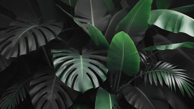 Lush Cinematic Large Tropical Leaves Monstera Banana Plant Background Video
