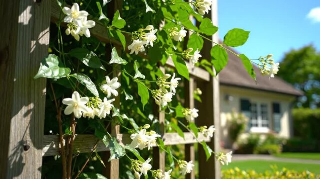 Climbing jasmine flowers blooming on a wooden trellis in a sunny garden with a house in the background