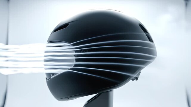 Aerodynamic wind tunnel test of a black motorcycle helmet with white smoke streams demonstrating air flow and resistance.