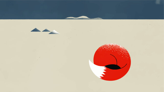 Minimalist desert landscape with curled sleeping red fox, geometric dunes and textured sky in modern flat illustration style