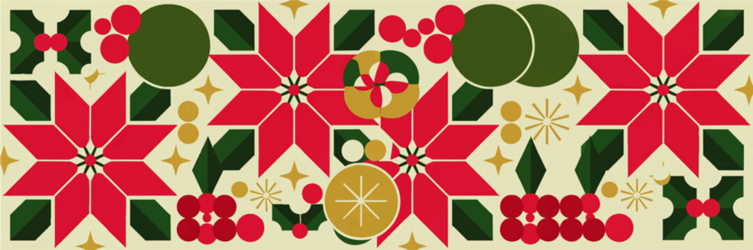Modern poinsettia Christmas pattern with holly, berries and festive geometric shapes in red, green and gold seamless background