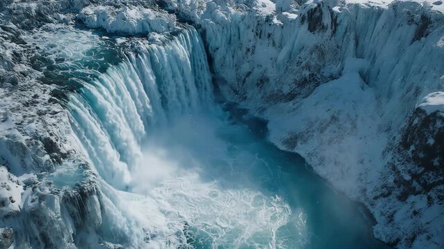 Aerial winter waterfall plunging into icy canyon basin with frozen cliffs and turquoise glacial water