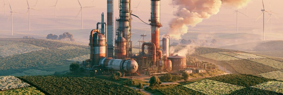 Closeup of a biofuel facilitys intricate components surrounded by lush sustainable farmland with patchwork cover crops and faint wind turbines visible through a dreamy hazy
