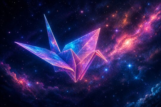 Cosmic Origami Crane Flying Through Neon Galaxy and Nebula Space
