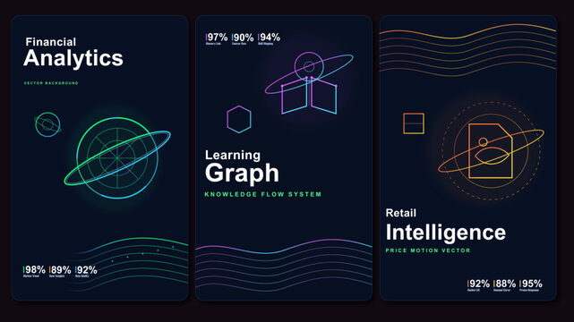 Futuristic financial analytics and retail intelligence banners, dark mode data visualization vector set, learning graph and knowledge flow system vector