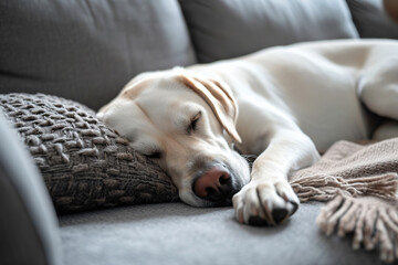 Obraz premium Labrador Dog Napping Peacefully on a Gray Sofa with Throw Blanket