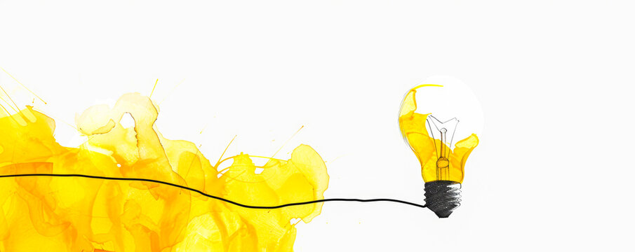 Clean idea lightbulb outline formed by line with yellow explosion creativity abstract thinking space