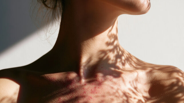 Mild red rash on neck and collarbone with soft window shadow on skin, calm wellness background and visible skin texture