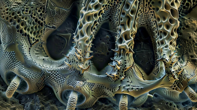 A scanning electron microscope captures the textured surface of a bioinspired adhesive material mimicking the intricate structure of a geckos feet demonstrating the use of