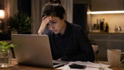 Fototapeta premium Frustrated young professional working late at home office with laptop and coffee
