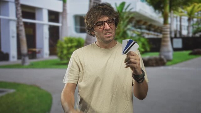 Man holding creditcard and clenches fist while grimacing in front of building courtyard; frustration financial stress.