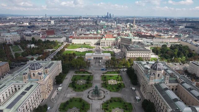 Aerial view of Maria-Theresien-Platz with the Kunsthistorisches and Naturhistorisches museums and the Hofburg Palace Vienna, Vienna, Austria.