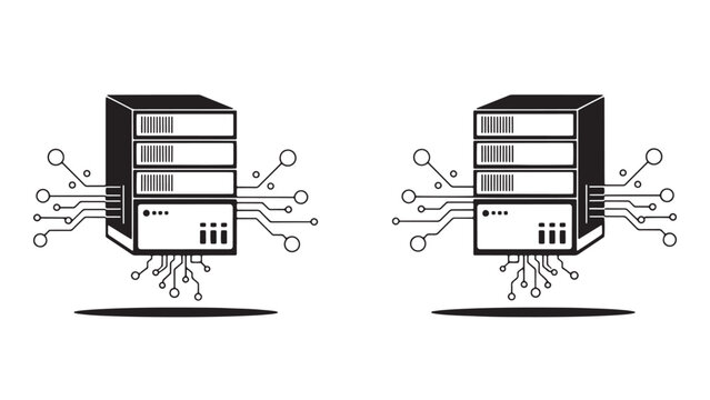Isolated server icons with circuit lines representing data center network technology