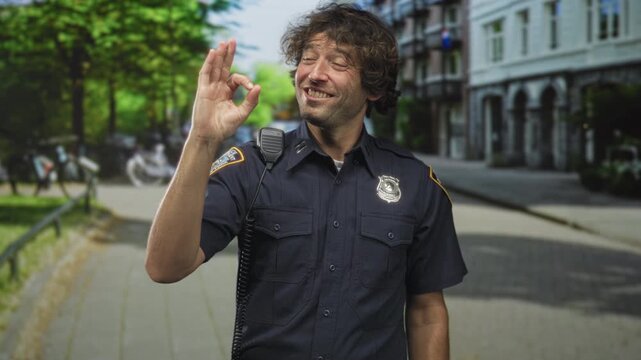 Man police officer makes ok sign with hand, radio mic clipped and visible badge while standing on a city street; pride duty.