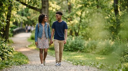 Obraz premium Young Black couple holding hands and walking on a park path