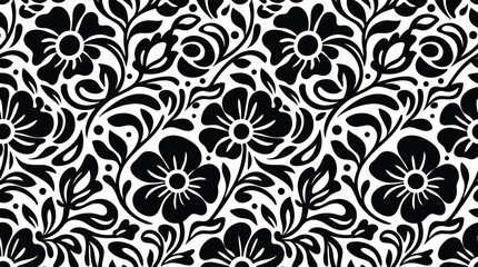 Fototapeta premium Seamless floral pattern with black stylized flowers and swirling leaves on a white background, repeating botanical wallpaper