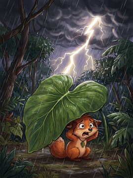 Cartoon character reacting with shock to a thunderclap in a whimsical forest setting
