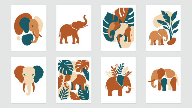 Collection of eight minimalist elephant prints featuring earthy tones of terracotta, teal, and beige with tropical leaf motifs and abstract geometric shapes on white backgrounds