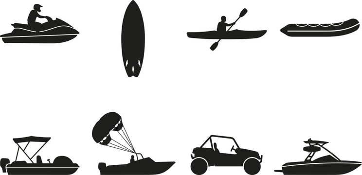 Set of eight black silhouette featuring water sports and recreational vehicles including jet ski, surfboard, kayak, inflatable boat, parasailing, and off-road buggy