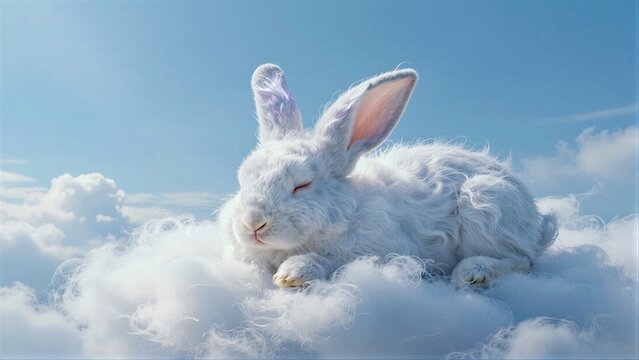 White bunny rests peacefully on fluffy clouds under a bright blue sky.