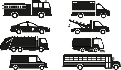 Set of black vehicle silhouettes including a fire truck, ambulance, police car, tow truck, garbage truck, street sweeper, van, and school bus on a white background © MD