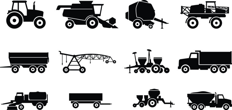 Set of black silhouette of agricultural machinery including tractors harvesters trailers and irrigation systems