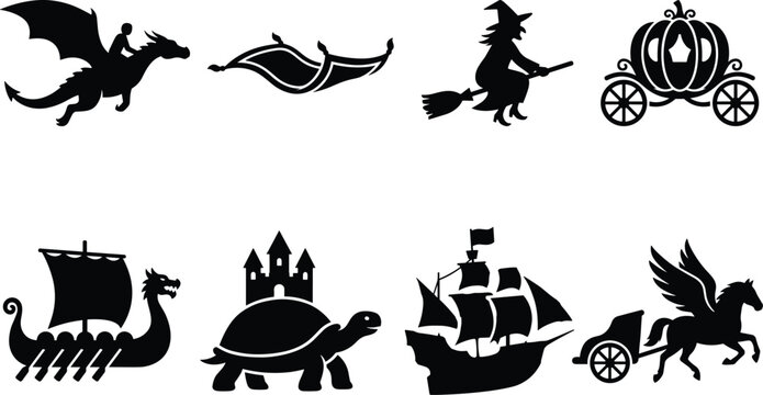 Collection of mythical and fantasy silhouettes including a dragon, flying carpet, witch on a broomstick, pumpkin carriage, viking ship, turtle with a castle, and pegasus with a