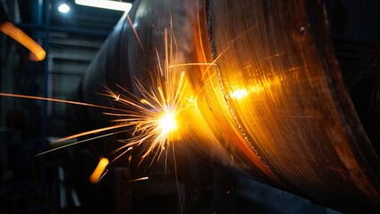 Dramatic close-up of a starburst of golden sparks flying from a weld point along the curved seam of a large industrial steel tank or vessel in a dark factory setting. © olga_demina