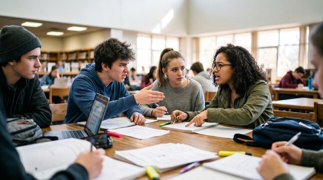 Students collaborating on a project at a wooden table in a library