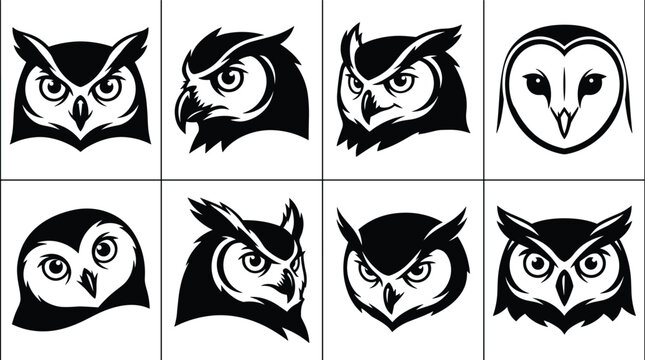 Set of eight stylized owl head in black and white featuring various angles and expressions for and mascot applications