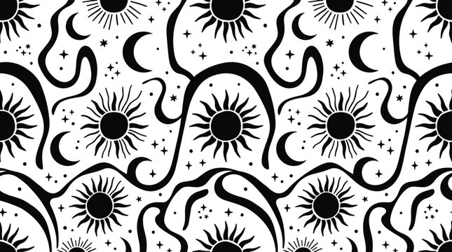 Celestial seamless pattern with black sun, moon, and star silhouettes on a white background, for mystical textile prints