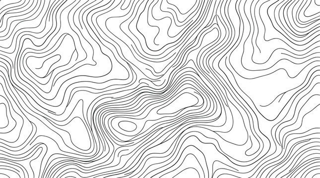 Topographic map style seamless pattern with thin black contour lines on a white background, abstract geographical terrain texture for cartography and