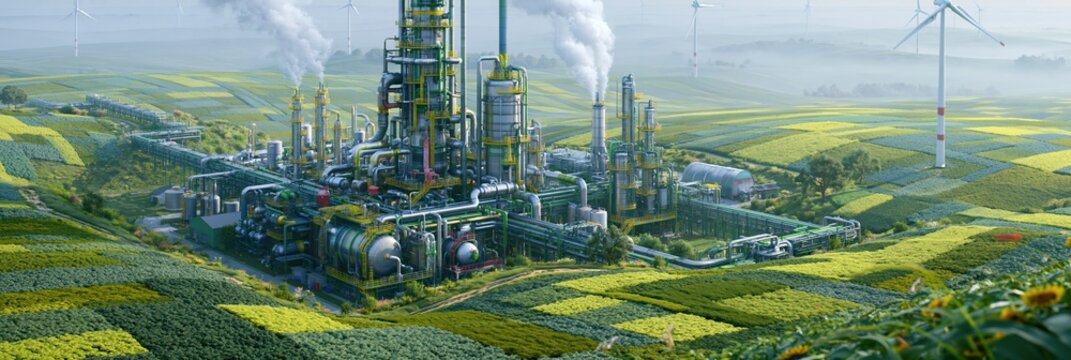 Closeup of a biofuel facilitys intricate components surrounded by lush sustainable farmland with patchwork cover crops and faint wind turbines visible through a dreamy hazy