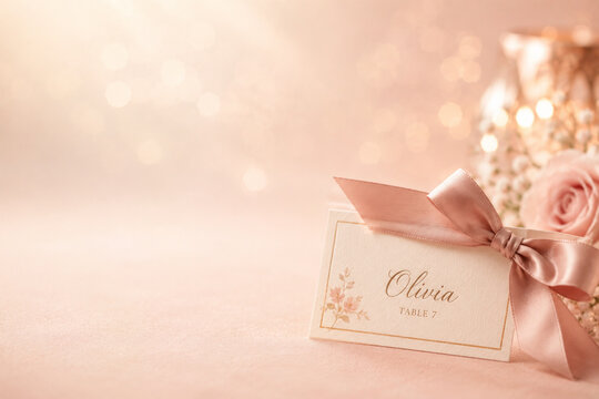 Wedding Guest Name Card with Silk Ribbon on Ivory Rose Background