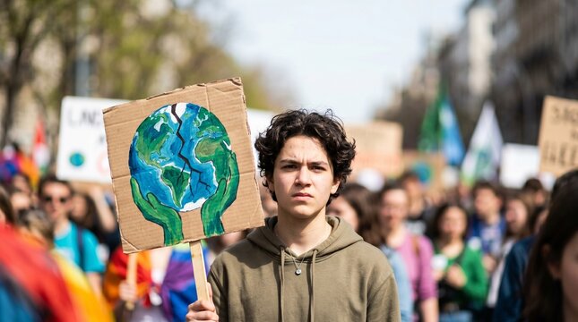 Young person holding a "broken Earth" sign at a climate protest