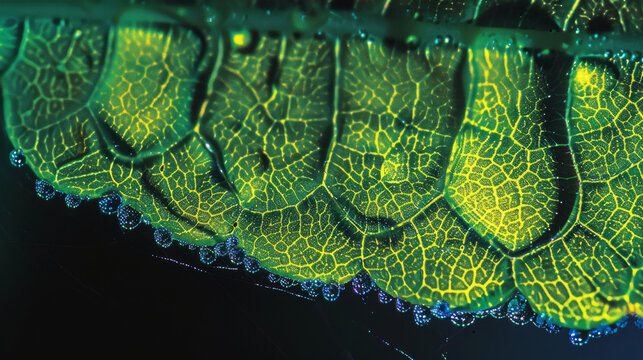 Next a microscope image shows the surface of a leaf coated in tiny droplets of water unable to spread and absorb into the leaf due to a layer of hydrophobic spray applied.
