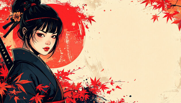 Ukiyo-e style female ninja illustration with red sun and maple leaves 2