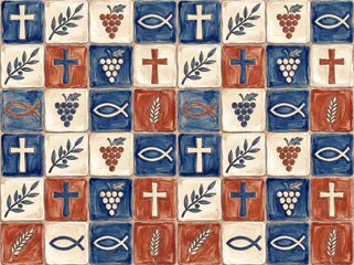 Fototapeta premium Seamless Mediterranean Christian ceramic tile pattern with hand-painted crosses, ichthys fish, olive branches, grapes and wheat in blue, terracotta and cream tones.