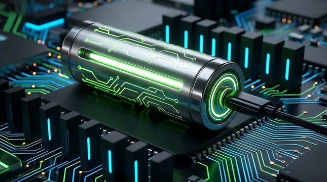 Baterai Silinder Digital Diisi Daya pada Sirkuit Komputer Modern, Simbol Energi Teknologi Masa Depan