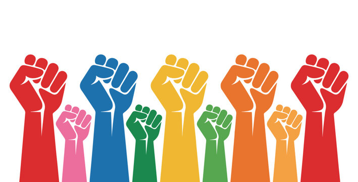 Fist of Solidarity: A powerful display of diverse hands raised in unity. group power, protest symbol, social justice, unity symbol, freedom fist.