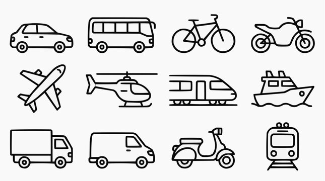 A collection of stylized, black and white icons representing various modes of transportation, including a car, bus, bicycle, motorcycle, airplane, helicopter, train, boat, truck, van, scooter.