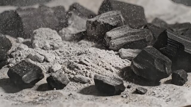 Closeup of charcoal pieces and ash falling on a surface.