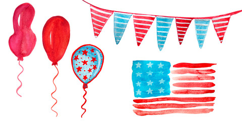 Obraz premium Hand painted watercolor patriotic clipart set with balloons,American flag and festive bunting isolated on white background for Independence Day invitations,patriotic greeting cards,holiday posters
